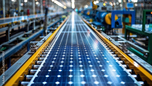 Striking photograph of a high-tech manufacturing line with rows of blue solar panels under production, illuminated by vibrant lights in an industrial facility.