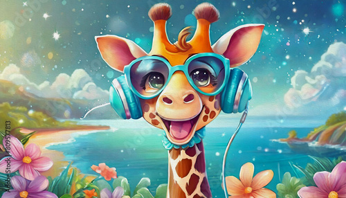 oil painting style Cartoon character cute Funny baby giraffe in head phones and sunglasses,