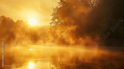 sunrise over a tranquil lake with mist rising from the water  framed by tall trees and a clear sky