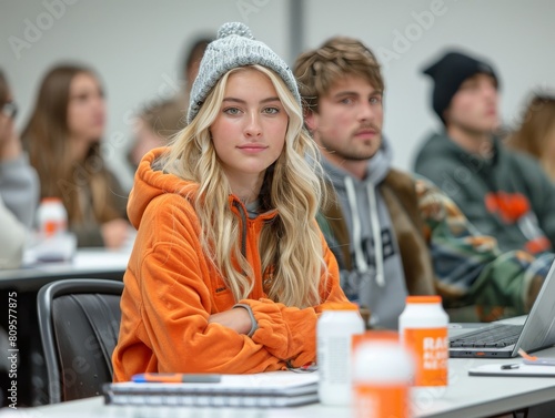 A girl in an orange hoodie is sitting at a desk with a white cup and a laptop photo