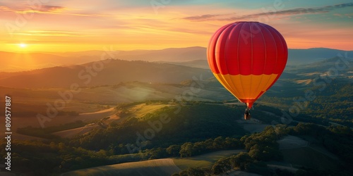 A serene scene with a red hot air balloon gliding over rolling hills as the sun sets, casting a warm glow over the landscape