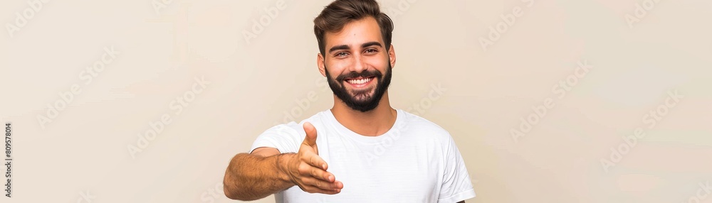 This young arab man wearing a casual white t-shirt smiles and offers a handshake as an act of greeting and welcoming. He is successful in business. This young arab man wearing a casual white t-shirt smiles and offers a handshake as an act of greeting and welcoming. He is successful in business.