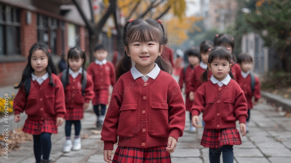Fototapeta premium A group of young girls are walking down a sidewalk in red school uniforms