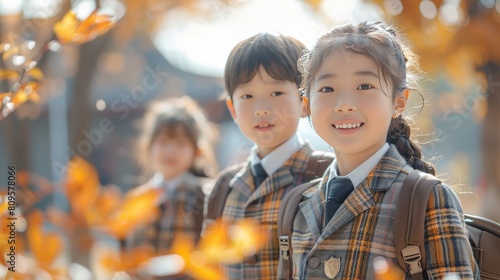 Fototapeta Naklejka Na Ścianę i Meble -  A young girl wearing a plaid jacket and tie stands in front of a building