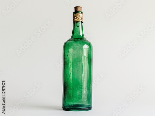 A green glass bottle with a cork against a clean white backdrop, evoking a sense of vintage charm and simplicity.