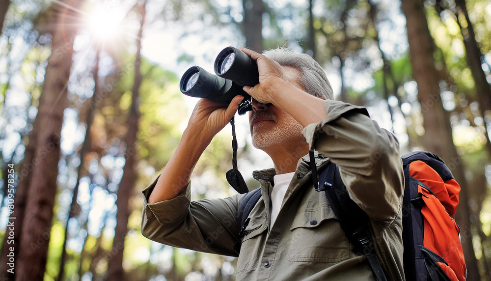 Close-up and bottom view of an elderly man watching birds with binoculars in the forest at sunny summer day, senior male concept of active retirement. Generative Ai. Close-up and bottom view of an elderly man watching birds with binoculars in the forest at sunny summer day, senior male concept of active retirement. Generative Ai.