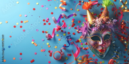 Colorful confetti, party hats, and streamers scattered on a blue background with space for text, ready for a celebration
