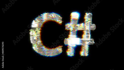 glitch and chromatic aberrance cybernetical text C# on black, isolated - object 3D rendering photo
