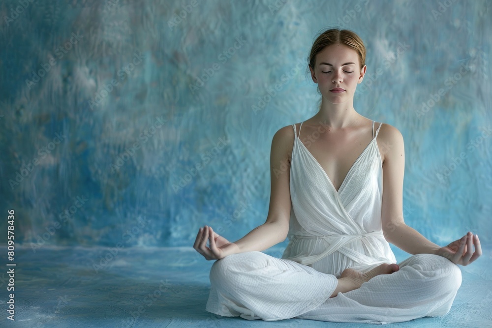 A woman is sitting cross legged in a white dress and is meditating A woman is sitting cross legged in a white dress and is meditating