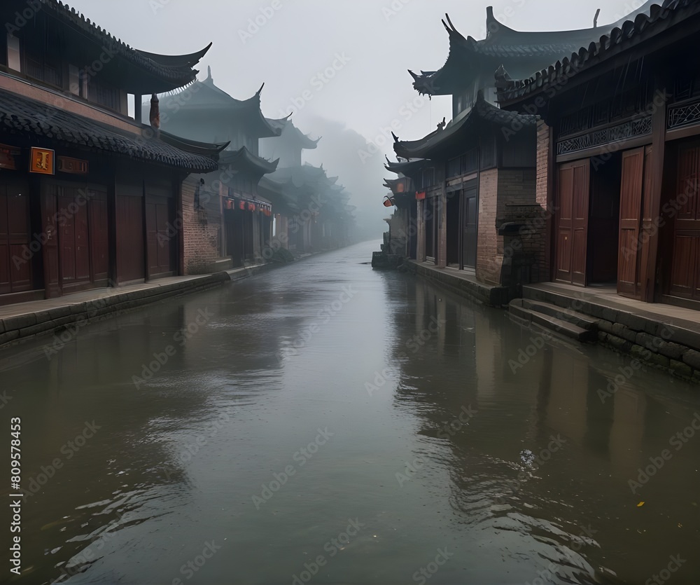 Obraz premium An ancient town in China, rain, fog, looking at the lens, through the 50mm photography.generative.ai 