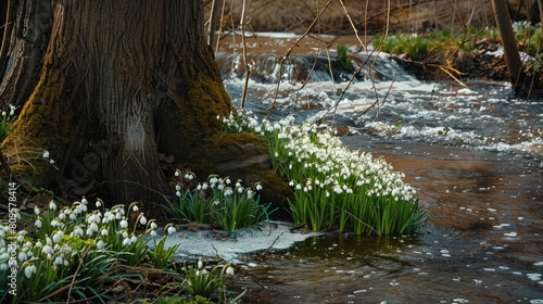 Snowdrops surrounding a tree by a forest stream with green flowers blossoming close to the trunk branches diverging in the water photo