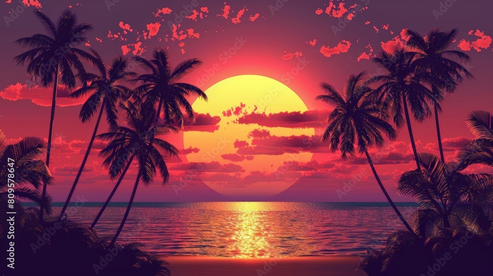 sunset silhouette of palm trees on a tropical beach with calm waters and a red sky