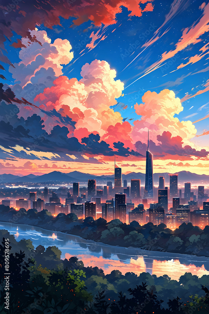 cartoon illustration of skyline with beautiful sky