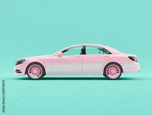 A sleek sedan painted in a pastel pink hue stands on a uniform aqua-colored backdrop, portraying a minimalist yet striking design concept.