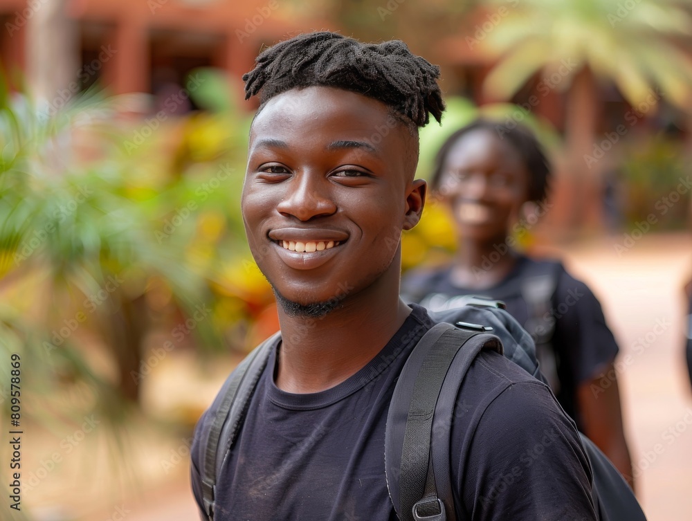 A young man with a backpack is smiling and looking at the camera A young man with a backpack is smiling and looking at the camera