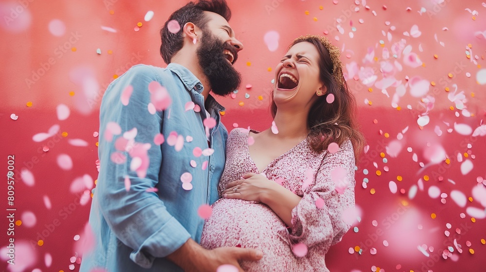 Gender reveal announcement. Loving family expecting baby girl. Happy moments with pink confetti Gender reveal announcement. Loving family expecting baby girl. Happy moments with pink confetti