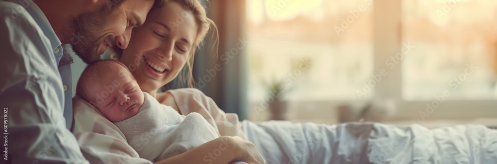 Happy couple hugging their newborn baby, the woman has just given birth to infant. The Miracle of Life: A Couple Embraces Their Tiny Miracle Freshly little child into the World, banner with copy space Happy couple hugging their newborn baby, the woman has just given birth to infant. The Miracle of Life: A Couple Embraces Their Tiny Miracle Freshly little child into the World, banner with copy space