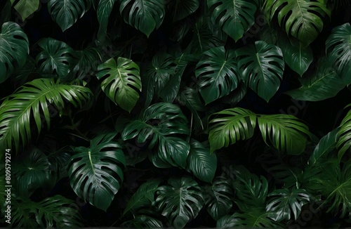 Tropical green leaves on dark background  nature summer forest plant concept