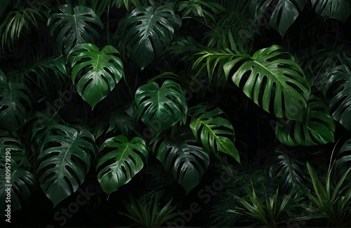 Tropical green leaves on dark background  nature summer forest plant concept