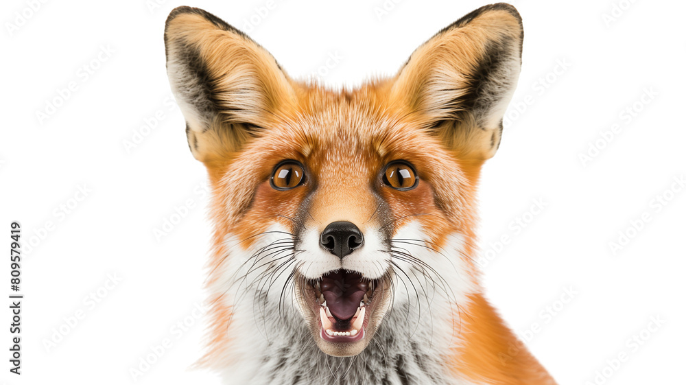 Fototapeta premium A striking close-up portrait of a red fox with its mouth open, transparent background.
