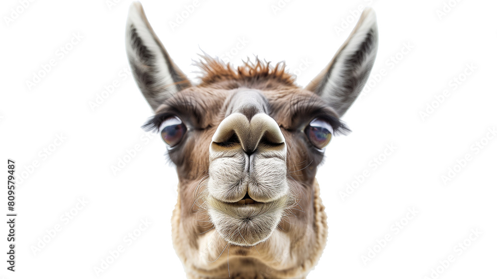 Obraz premium A llama is looking at the camera with a funny expression on its face.transparent background.