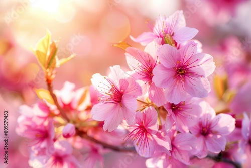 Horizontal banner with sakura flowers of pink color on sunny backdrop. Beautiful nature spring background with a branch of blooming sakura. Sakura blossoming season in Japan - generative ai