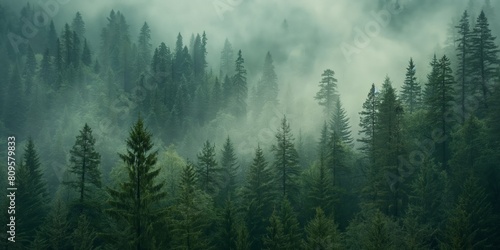 Misty Pine Forest: Ethereal and Mysterious Landscape © OneStockShop