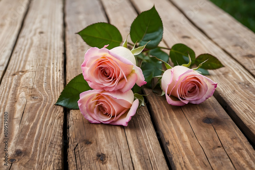 pink roses on wooden background