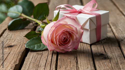 Bloom pink rose with gift on rustic wooden board. Valentine background. Copy space