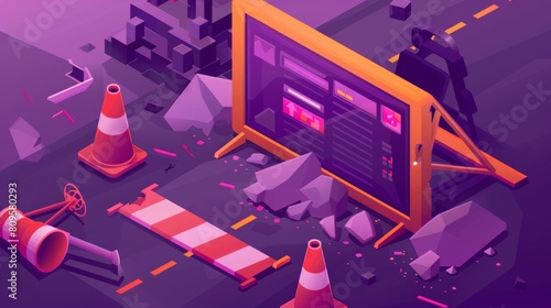 Under construction, maintenance work or error page isometric modern illustration. Server racks with warning signal tape, traffic cone and road traffic sign, purple ultraviolet banner. photo