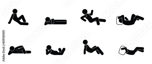 stick figure man, stickman icon, isolated people silhouettes, man lying resting, basic poses