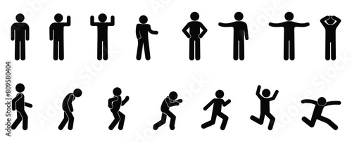 stick figure man, stickman icon, isolated people silhouettes, man standing, running, walking