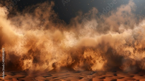 Isolated modern illustration of a desert sand storm with brown dusty clouds or dried sand flying with gusts of wind and brown smoke realistic texture with small particles or grains.