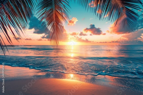 Perfect beach sunset. Beautiful tropical beach scene for background or wallpaper. Summer vacation holiday concept design and copy space with generative ai