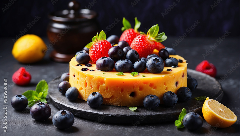 The image is of a cheesecake with red and blue berries on top and yellow apricot slices on the side. The cheesecake is on a black plate with a dark background.
The image is of a cheesecake with red and blue berries on top and yellow apricot slices on the side. The cheesecake is on a black plate with a dark background.