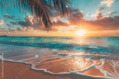 Perfect beach sunset. Beautiful tropical beach scene for background or wallpaper. Summer vacation holiday concept design and copy space with generative ai