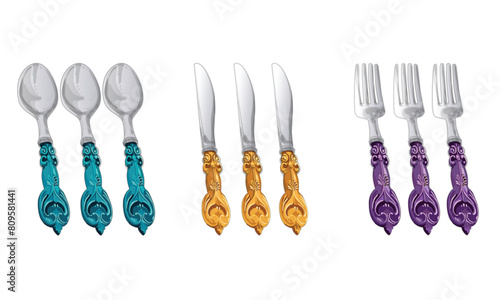 Silverware. Vintage spoon, fork and knife. Vintage tools and pastries. Vector illustration. Cartoon forks, retro tableware. Hand drawn clip arts. Table setting set.