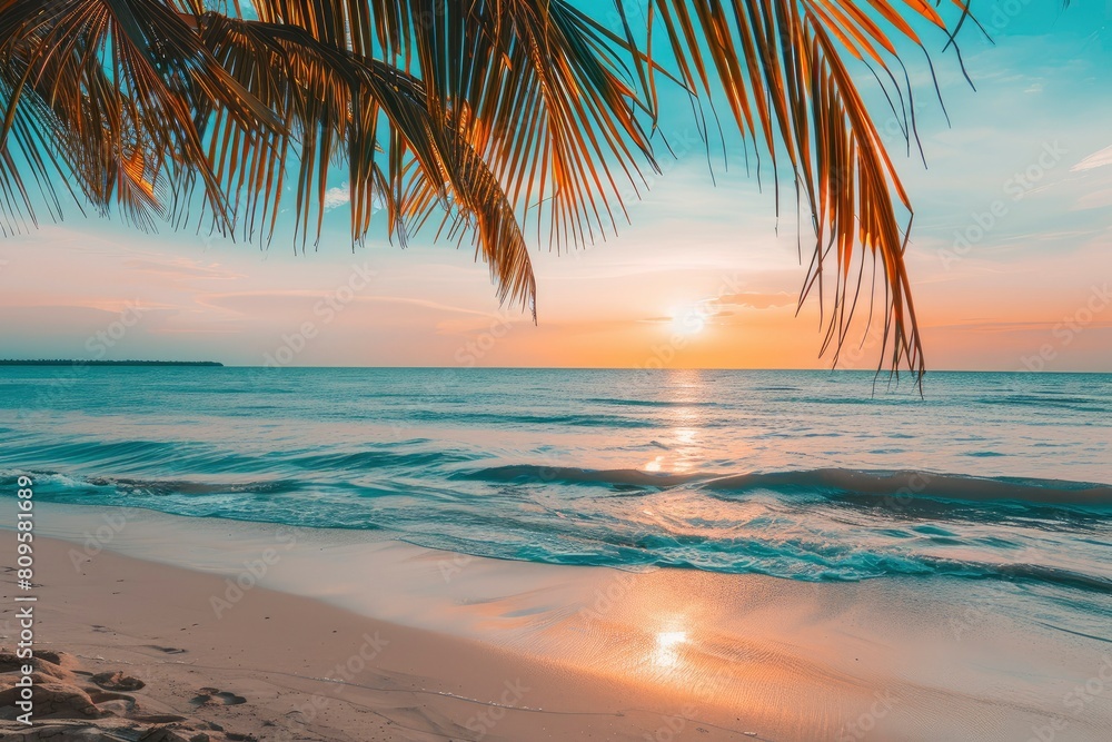 Perfect beach sunset. Beautiful tropical beach scene for background or wallpaper. Summer vacation holiday concept design and copy space with generative ai Perfect beach sunset. Beautiful tropical beach scene for background or wallpaper. Summer vacation holiday concept design and copy space with generative ai