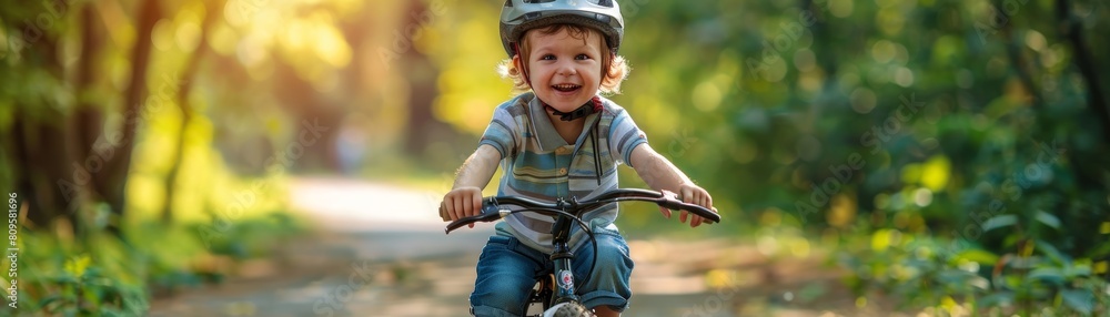 Obraz premium Kids bicycle riding in the park. Little boy riding bicycle. Child in helmet riding bike. Boy starting to ride a bicycle. Sporty kid biking on bikeway.
