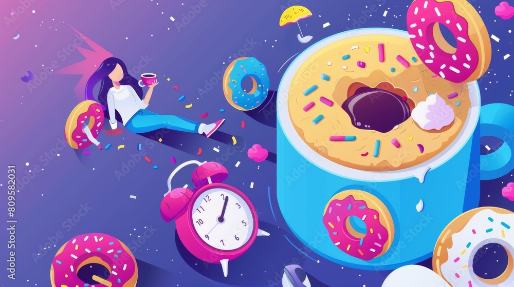 It's the end of a coffee break, isometric landing page. Girl falls into huge cup filled with coffee, donuts and alarm clock with 12 a.m. time on dial. Business person breakfast, 3D modern