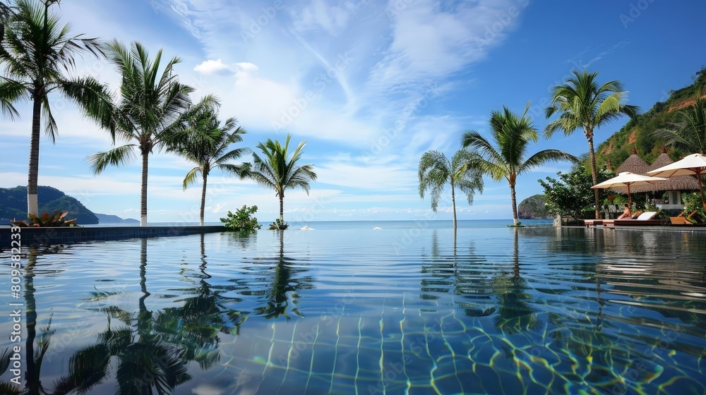 tropical resort relaxation with white umbrellas overlooking calm blue waters and distant mountains under a clear blue sky tropical resort relaxation with white umbrellas overlooking calm blue waters and distant mountains under a clear blue sky