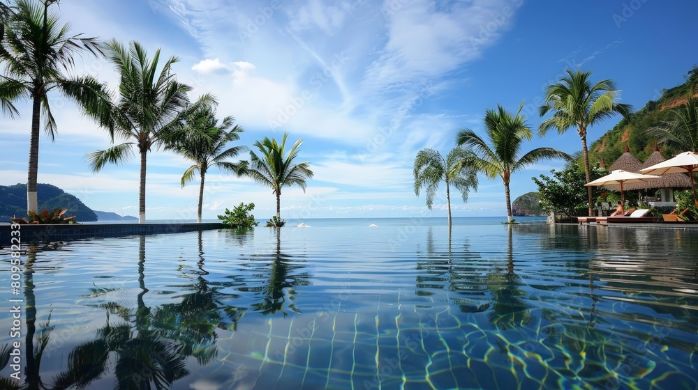 tropical resort relaxation with white umbrellas overlooking calm blue waters and distant mountains under a clear blue sky