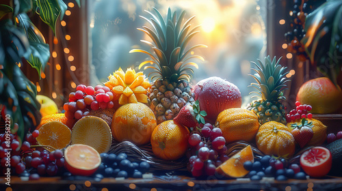 Basket of fruit on a wooden table with a sunset photo