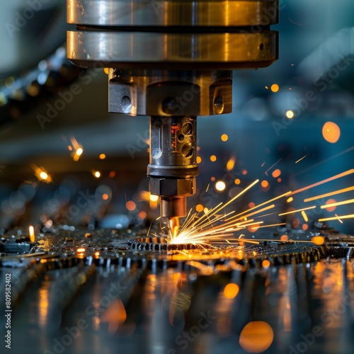 CNC LPG Cutting with Sparks Close Up, Copy Space, Macro Photography, Metalwork Industry, Cnc Cut