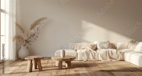  Minimalist living room with a wooden parquet floor, a sofa and coffee table covered with a blanket, a beige wall background, a copy space for text, a wide angle lens capturing a w