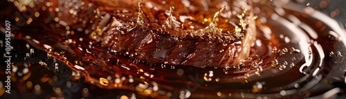 Close-up image of a juicy steak caught in a dynamic oil splash, with droplets glittering around the richly textured meat, highlighting culinary artistry.