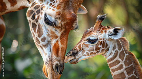 A mother giraffe embraces her baby giraffe in a warm hug, mother's day concept