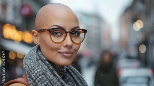 Bald woman urban portrait. Concept of successful cancer cure