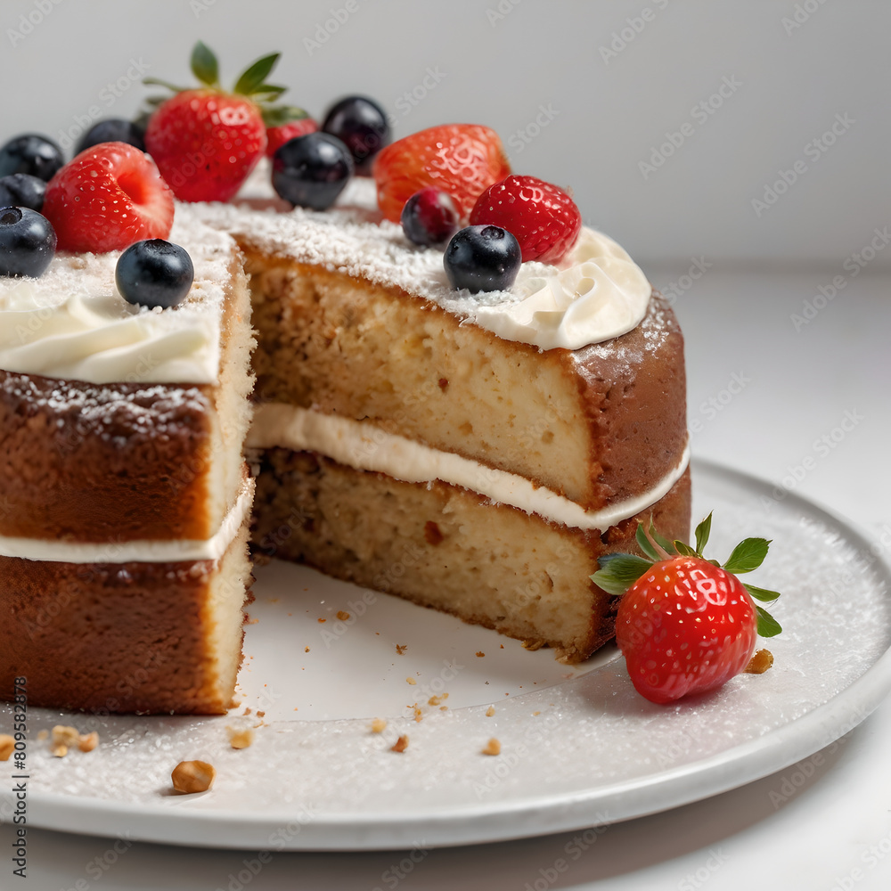 Homebaked Sponge Cake with Cream Soaking, Topped with White Frosting and Decorated with Berries. Homebaked Sponge Cake with Cream Soaking, Topped with White Frosting and Decorated with Berries.