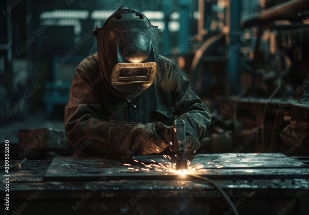 Pearls, a welding machine in a factory of modern industry with a worker wearing a protective helmet and uniform working on a metal plate using a gas arc torch for the production o Pearls, a welding machine in a factory of modern industry with a worker wearing a protective helmet and uniform working on a metal plate using a gas arc torch for the production o